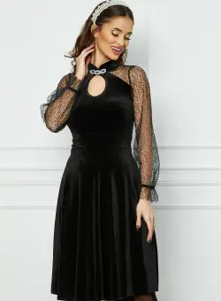 Rochie Moze neagra din catifea cu maneci din tull