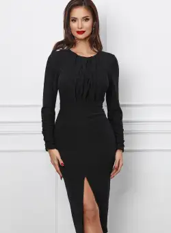 Rochie Moze neagra din fir lurex cu pliuri pe bust
