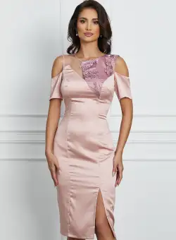 Rochie Moze roz cu tulle si broderie la bust