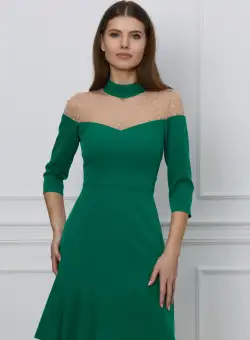 Rochie Moze verde cu tull la bust si pliuri la baza
