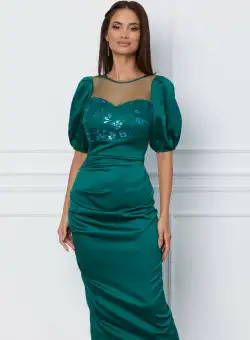 Rochie Moze verde cu tull si broderie la bust