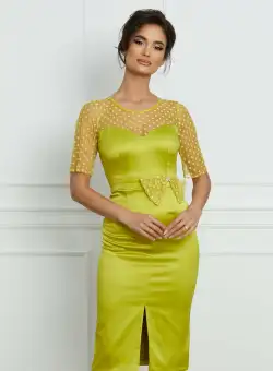 Rochie Moze verde lime cu tull si fundita in talie