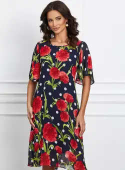 Rochie Natalia bleumarin cu buline si flori rosii