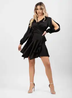 Rochie neagra eleganta cu inchidere reglabila din cordon si maneci despicate