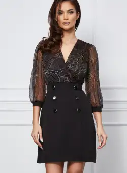Rochie Oana neagra cu imprimeu bej la bust si nasturi pe fusta