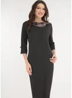 Rochie office antracit cu guler din stofa in carouri bordo