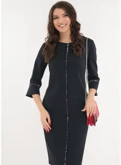 Rochie office bleumarin cu banda decorativa multicolora