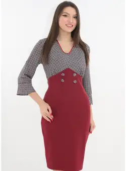 Rochie office bordo cu imprimeu in carouri