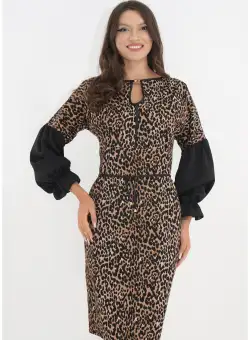 Rochie office cu animal print si maneci bufante