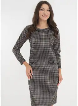 Rochie office cu imprimeu in carouri mici negre si crem