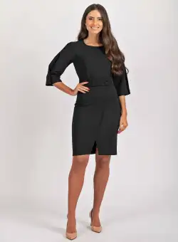 Rochie office neagra cu aspect petrecut si cordon detasabil