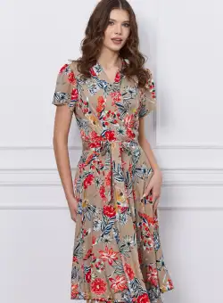 Rochie Rina bej cu croi petrecut si imprimeu floral rosu
