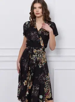 Rochie Rina neagra cu croi petrecut si imprimeu floral bej