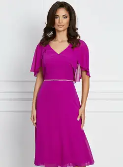 Rochie Samira magenta cu volane pe bust si strasuri pe talie