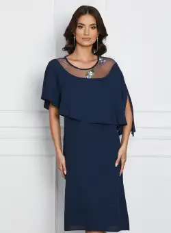 Rochie Sara bleumarin cu volan si broderie pe bust