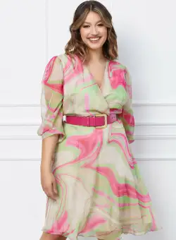 Rochie Sira bej cu imprimeuri fucsia