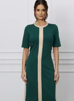 Rochie Sonia verde cu borduri bej si fermoar