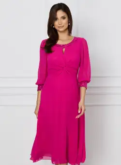 Rochie Sorana fucsia cu paiete la decolteu si maneci