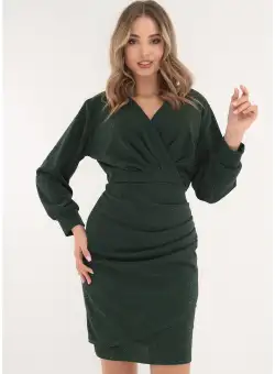 Rochie verde din lurex cu fronseuri si decolteu parte peste parte