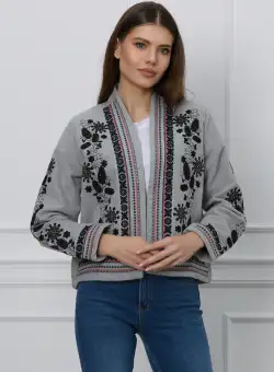 Sacou gri cu broderie neagra