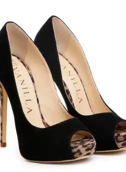 Sandale Barbados cu toc subtire, piele naturala, negre cu imprimeu leopard