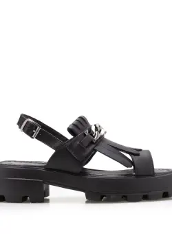 Sandale cu talpă groasă damă din piele naturală, Leofex - 357-1 Negru Box