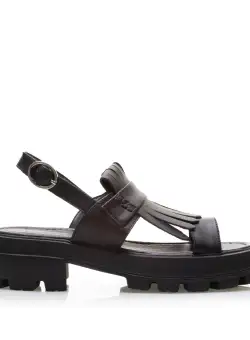 Sandale cu talpă groasă damă din piele naturală, Leofex - 357 Negru Box