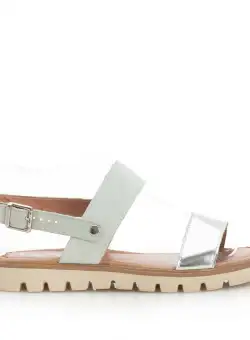 Sandale cu talpă joasă damă, din piele naturală, Leofex - 043 Alb Argintiu Box