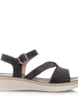 Sandale cu talpă joasă damă, din piele naturală, Leofex - 159 Negru Argintiu Box