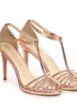 Sandale Evelyn cu toc mic subtire, piele naturala, sampanie