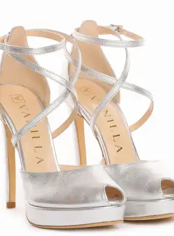 Sandale Fabiana cu toc subtire, piele naturala, argintii
