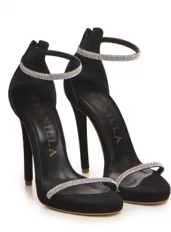 Sandale Karina Black cu toc subtire, piele naturala intoarsa, negre