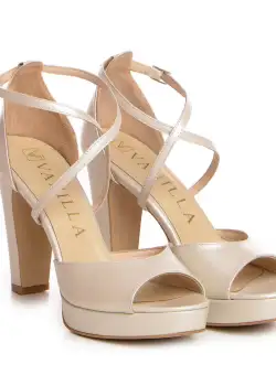 Sandale Manila Mistic cu toc mic gros, piele naturala, ivoire
