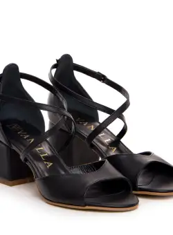 Sandale Praga cu toc mic gros, piele naturala, negre