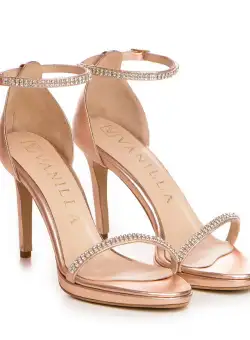 Sandale Pure Crystals cu toc mic subtire, piele naturala, sampanie