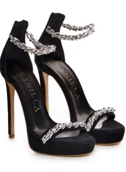 Sandale Sosin din piele intoarsa, neagra, cu accesoriu lant argintiu