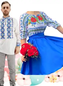 Set Cuplu 478 Camasa Traditionala si Rochie Stilizata cu motive traditionale