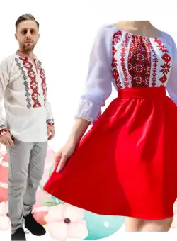 Set Cuplu 494 Camasa Traditionala si Rochie Stilizata cu motive traditionale