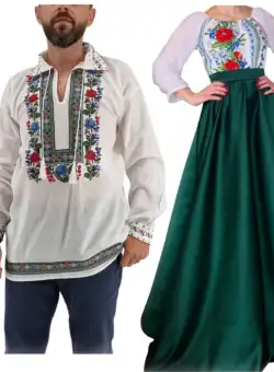 Set Cuplu 559 Camasa Traditionala si Rochie Stilizata cu motive traditionale