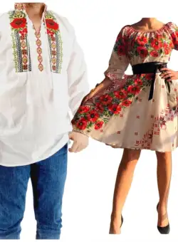 Set Cuplu 584 Camasa Traditionala si Rochie Stilizata cu motive traditionale