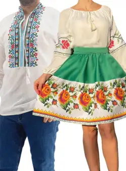 Set Cuplu Traditional 187 Camasa Traditionala si Rochie cu motive traditionale