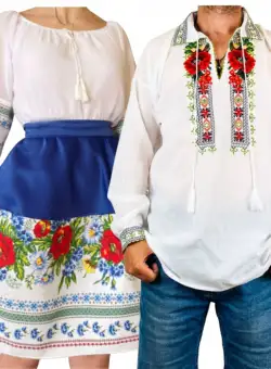 Set Cuplu Traditional 238 Camasa Traditionala si Rochie cu motive traditionale