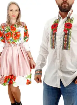Set Cuplu Traditional 259 Camasa Traditionala si Rochie cu motive traditionale