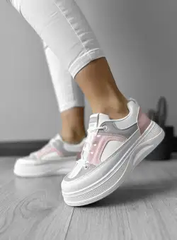 Adidasi dama casual cu talpa inalta albi cu roz CL2309 A21-3
