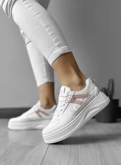 Adidasi dama casual cu talpa inalta albi cu roz CL2331 A2-1