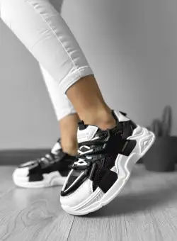 Adidasi dama casual cu talpa inalta negri cu alb CL2401 A39-2