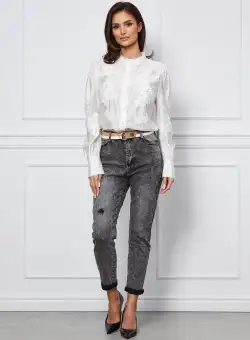 Blugi Daria gri mom fit cu talie inalta si curea in talie