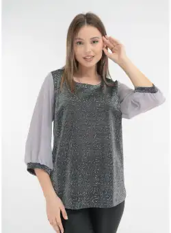 Bluza argintie cu model multicolor texturat si maneci din voal