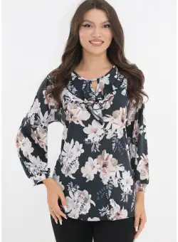 Bluza bleumarin cu print floral maxi si volanase la decolteu