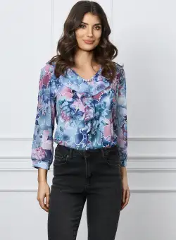 Bluza Clara bleu cu flori lila si volan pe bust